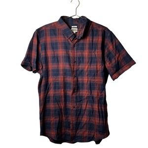Bridge & Burn Mens XL Slim Fit Short Sleeve Plaid Button Down Shirt Red Navy